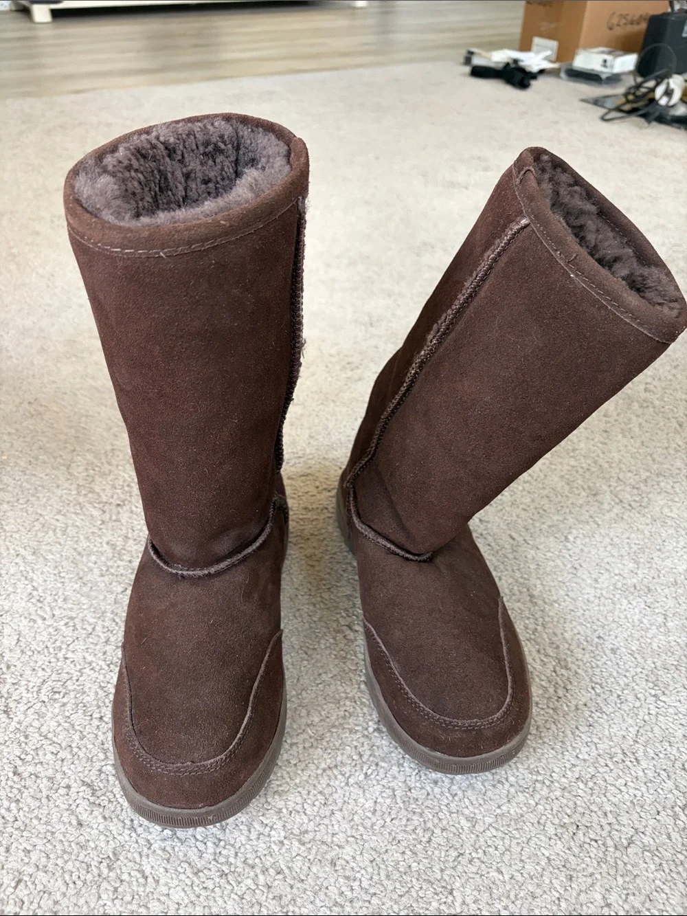 BearPaw Chocolate Brown Suede Mid-Calf Shearling Boots